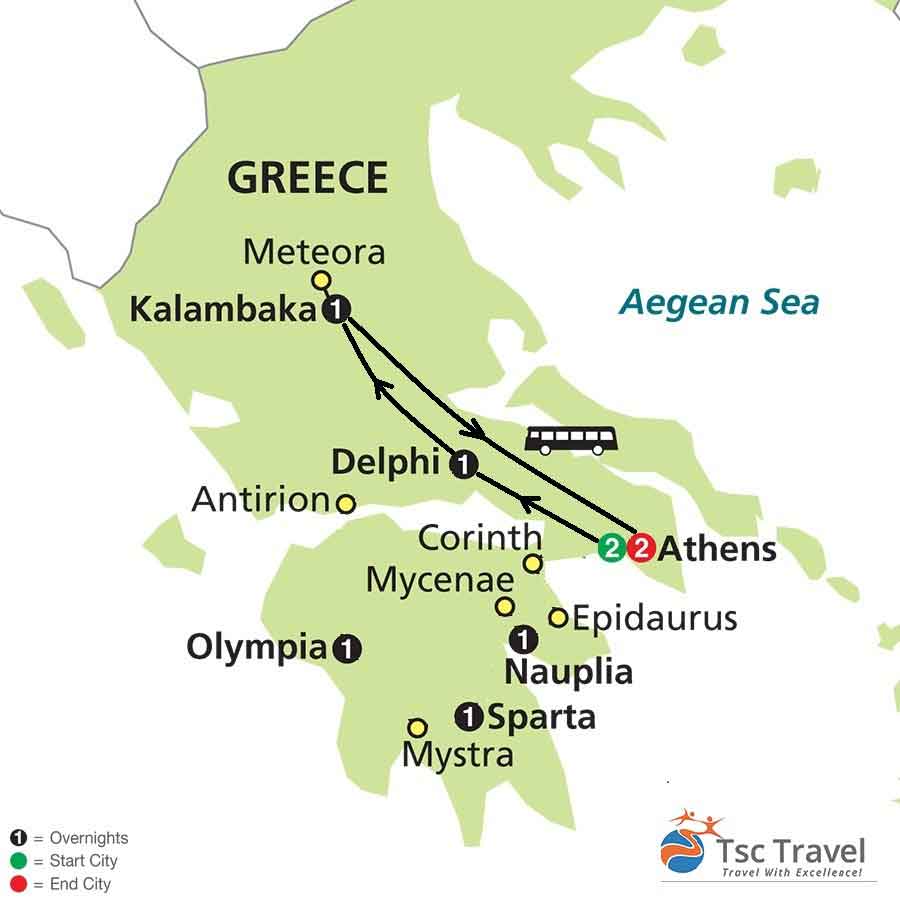 4 Days Classical Tour of Greece with Meteora Map